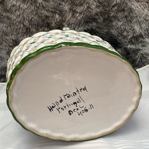 Vintage Ceramic Reticulated Basket, Handmade in Portugal White & Green - Picture 7 of 16